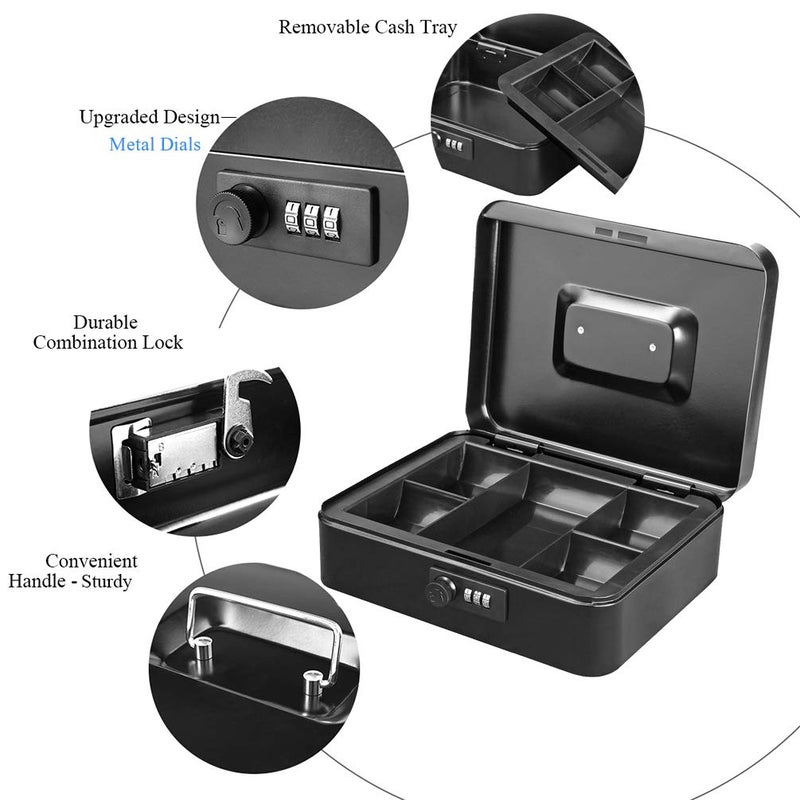 Jssmst Large Cash Box with Combination Lock â€“ Durable Metal Cash Box with Money Tray Black(9.8 x 7.9 x 3.5), SM-CB07001L - Image 4